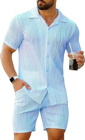 Street Fashion Men - メンズ 2 ピース アウトフィット 半袖ボタンダウン シャツとショーツ
