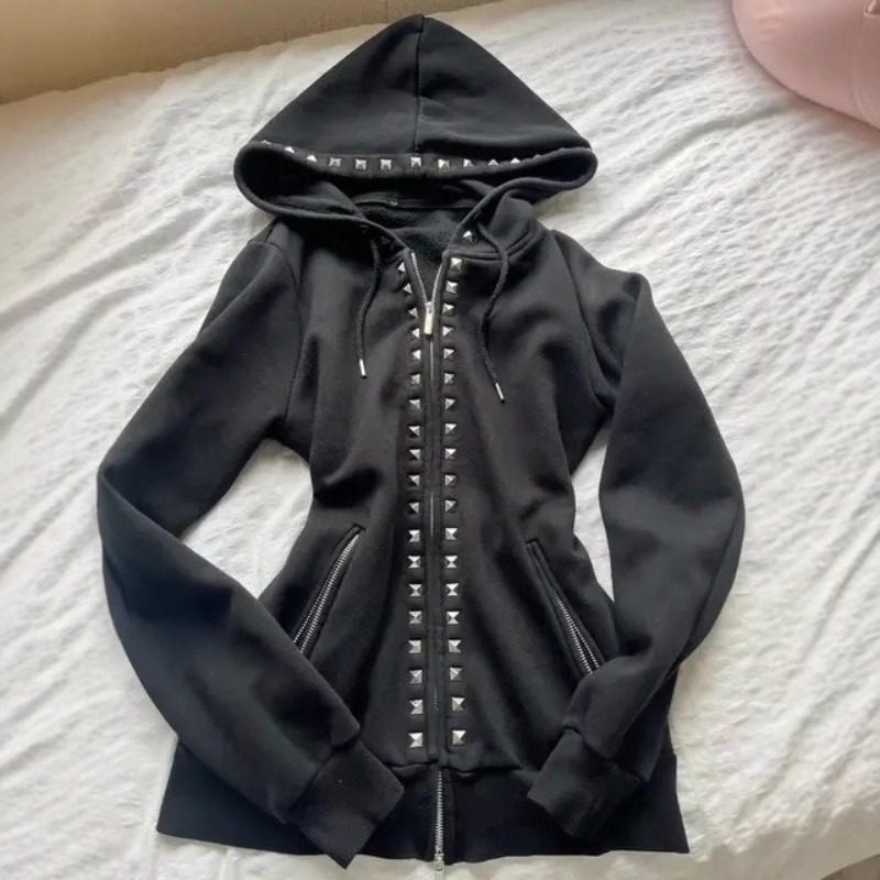 Street Fashion Zip Up Hoodie - Y2Kニューファッション リベットジッパーフーディー レディース 原宿 ブラック オーバーサイズ
