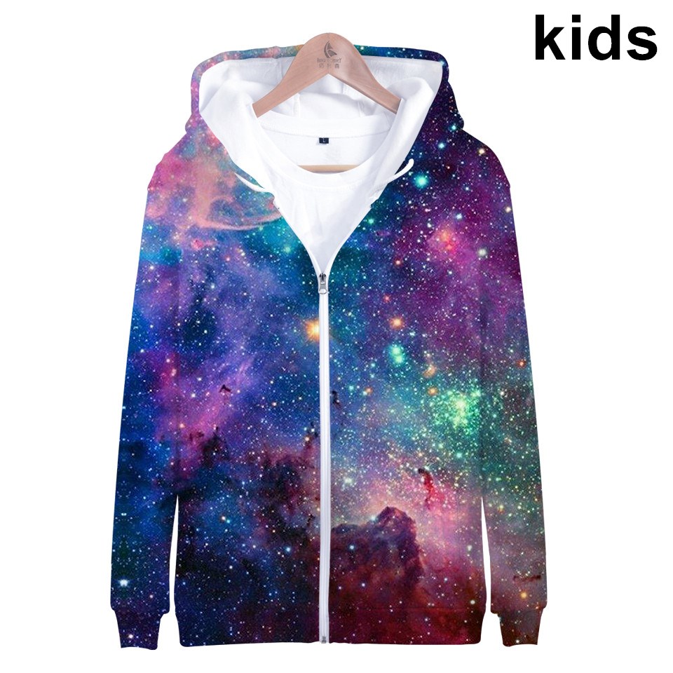 Street Fashion Zip Up Hoodie - コートスタースペースギャラクシーフード付きパーカー 男の子 女の子 3Dプリントスウェットシャツ カラフルな星雲 メンズファッション