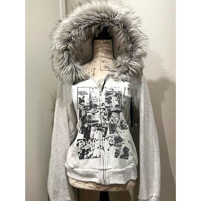 Street Fashion Zip Up Hoodie - グレーフェイクファーウールダブルジッパージャケットパーカー女性のスリムウエストフード付きヴィンテージ Y2k コート Ropa Mujer カジュアルファッショントレーナー
