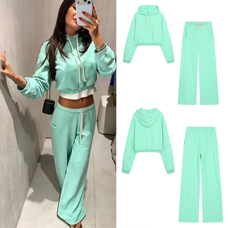 Street Fashion China - Guobioziy レディース蛍光クロップスウェットシャツセット 2026年春夏コレクション ヨーロピアンカジュアルデイリーファッション スリムタッセルストリート