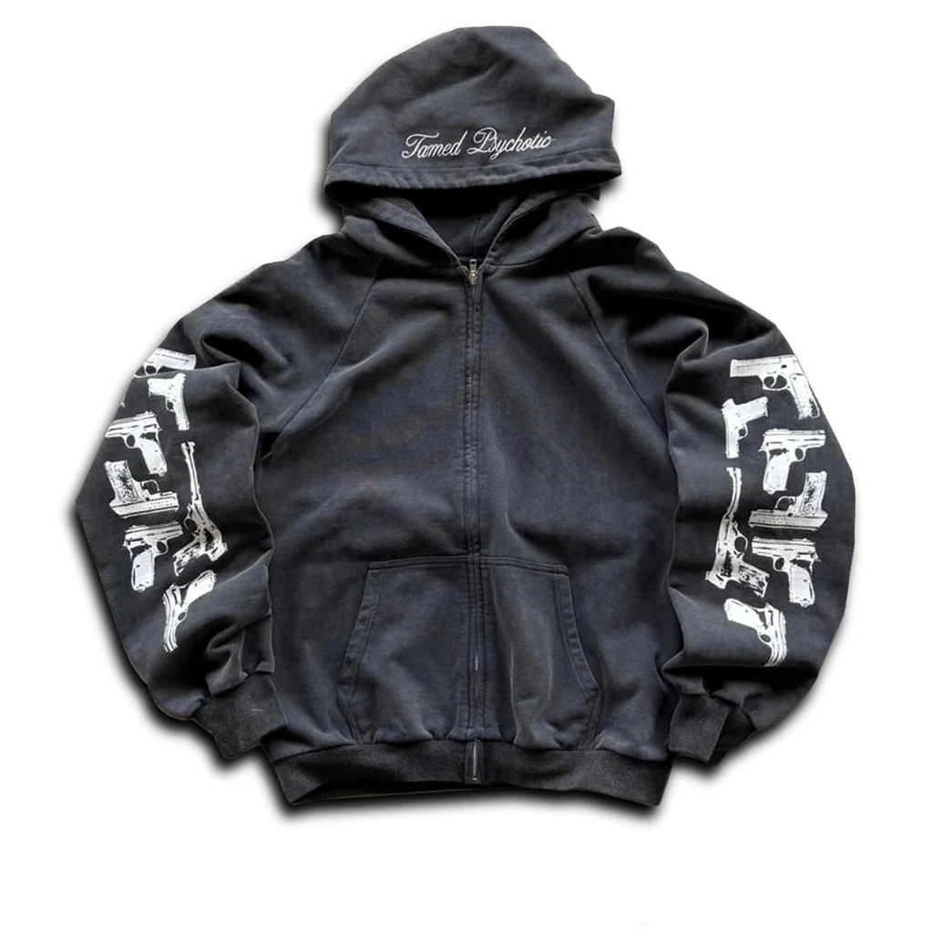 Street Fashion Zip Up Hoodie - アメリカンストリートスタイル、マイノリティのクリエイティブな銃柄プリント、ユニセックスジッパーフーディー、ゆったりとしたカジュアルファッション、初秋の新作。