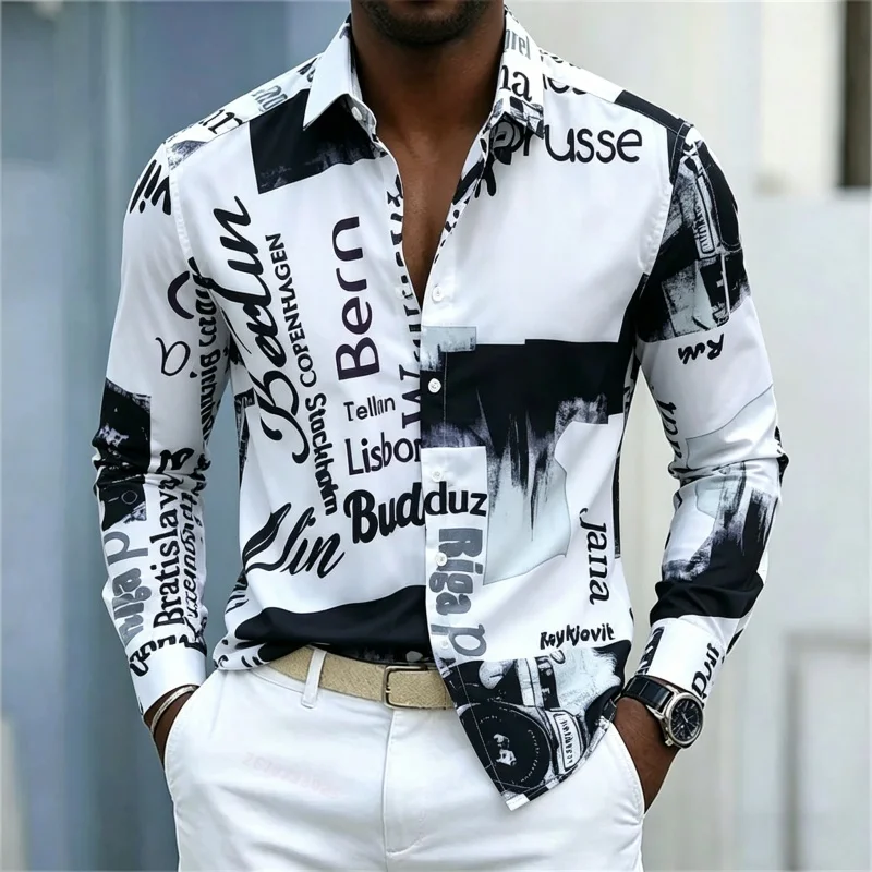 Street Fashion Men - メンズプリント長袖シャツ、スリムフィット、襟付き、ストリートスタイルカジュアルシャツ