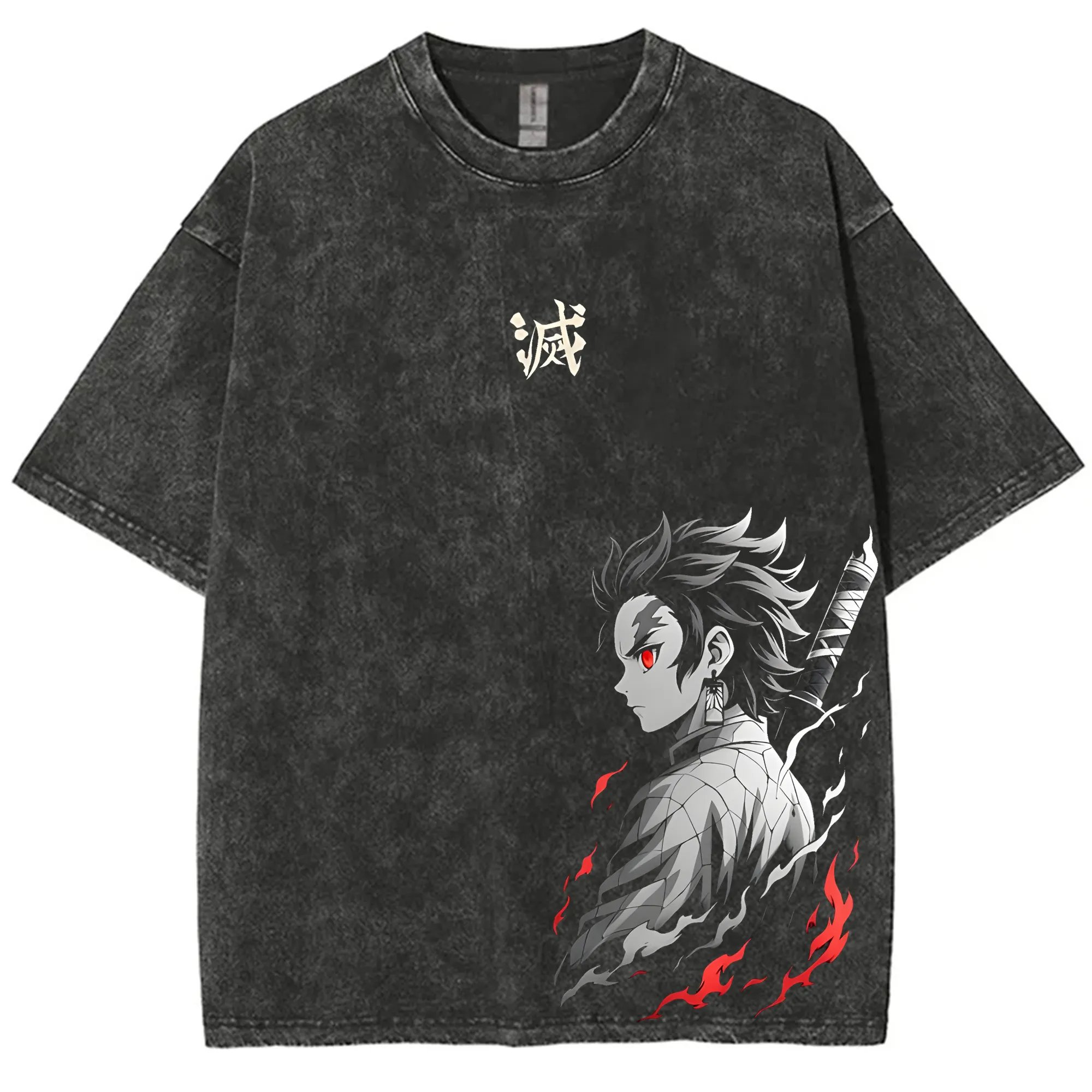 Street Fashion Hats - ストリートウェア 鬼滅の刃 ヴィンテージ ウォッシュド グラフィック Tシャツ