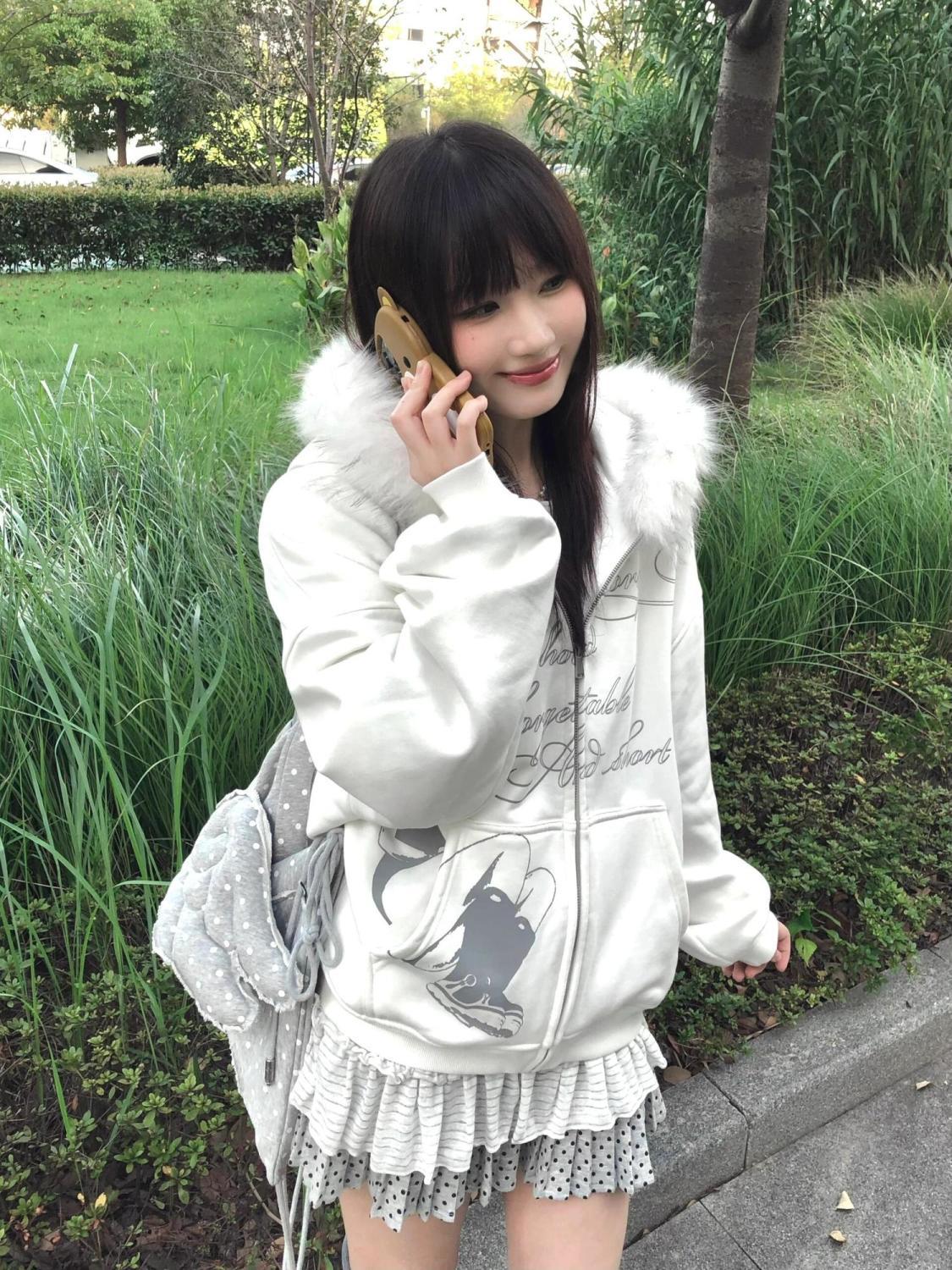 Street Fashion Zip Up Hoodie - ホワイトY2Kコート レディース 冬服 かわいい レタープリント 日本風