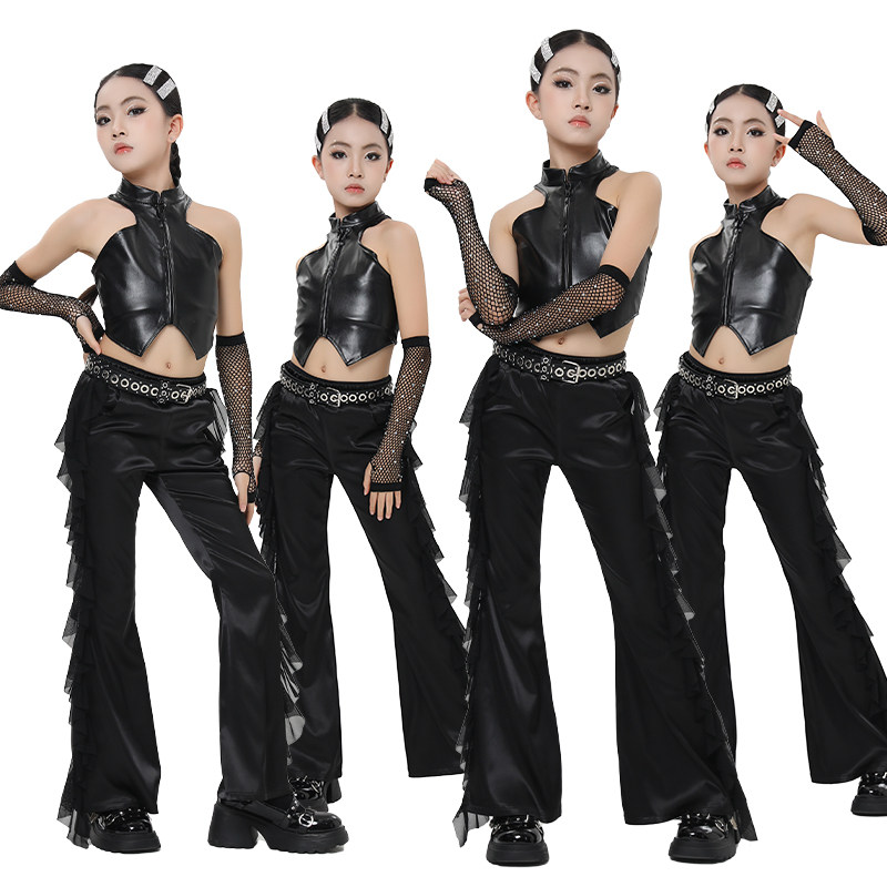 Street Fashion Outfit Girl - ファッション不規則な吊りネックトップパンツ女の子ジャズダンス衣装子供ヒップホップ服ストリートウェアステージ K-pop 衣装 DW11461
