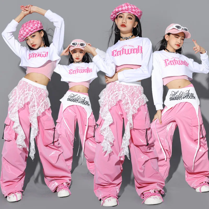 Street Fashion Outfit Girl - 新しい Kpop ジャズダンスの服女の子のためのファッションヒップホップパフォーマンスウェア子供ピンクシャッフルストリートダンスショーダンサー衣装