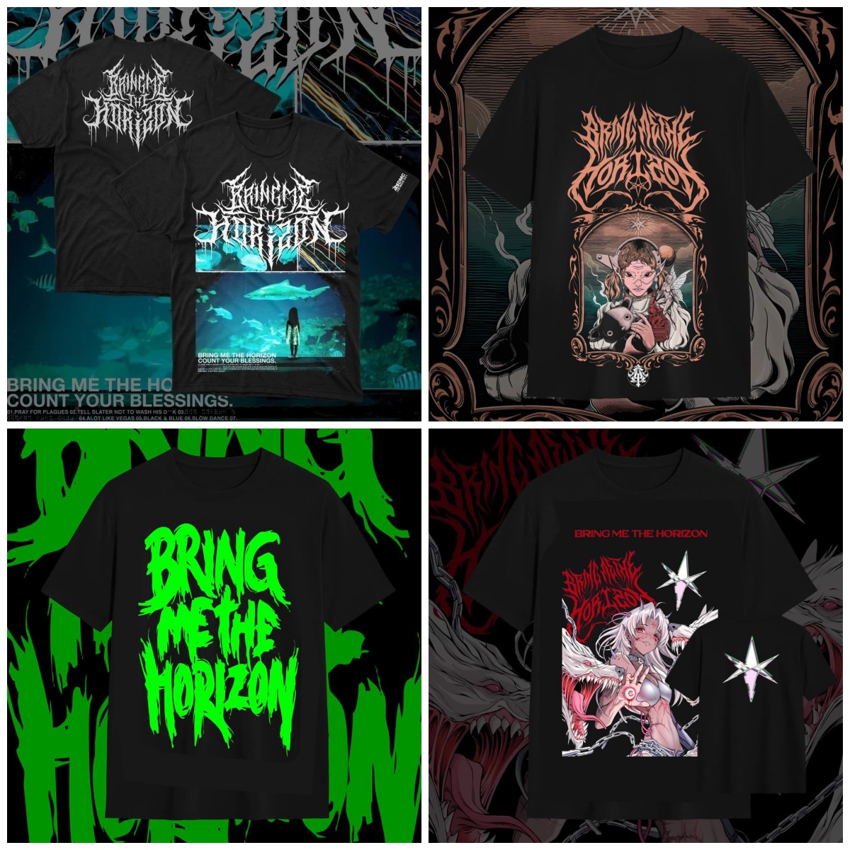 Street Fashion Poster - アニメスタイルのグラフィックプリントTシャツ ブリング・ミー・ザ・ホライズン アルバムポスターTシャツ 原宿ストリート Y2Kファッション ルーズカジュアル