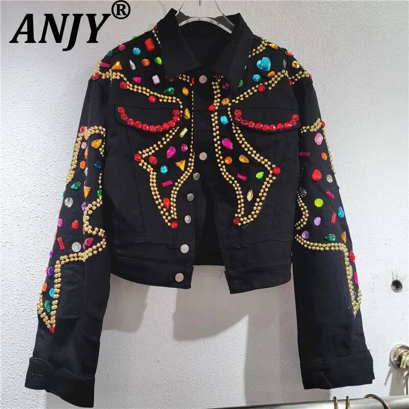 Street Fashion Thailand - ANJY 春秋の新女性潮タイスタイルファッションパンクジャケット重工業ダイヤモンドスタッズビーズショートデニムコート A8142