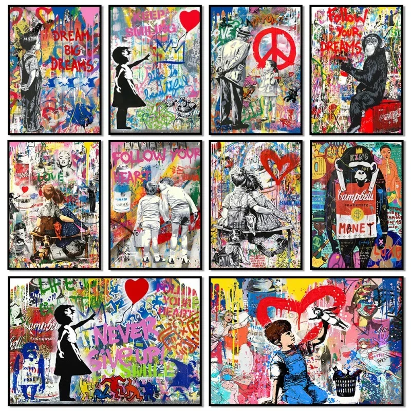 Street Fashion Poster - ポップストリートグラフィティウォールアート バンクシー 恋する少年少女 HD オイルオンキャンバス ポスターとプリント