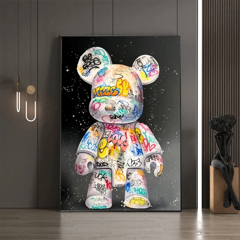 Street Fashion Poster - 漫画風グラフィティベアキャンバス絵画 かわいいキャラクターポップアートポスタープリント ストリートウォールアート絵画 ホームカワイイルームデコ用