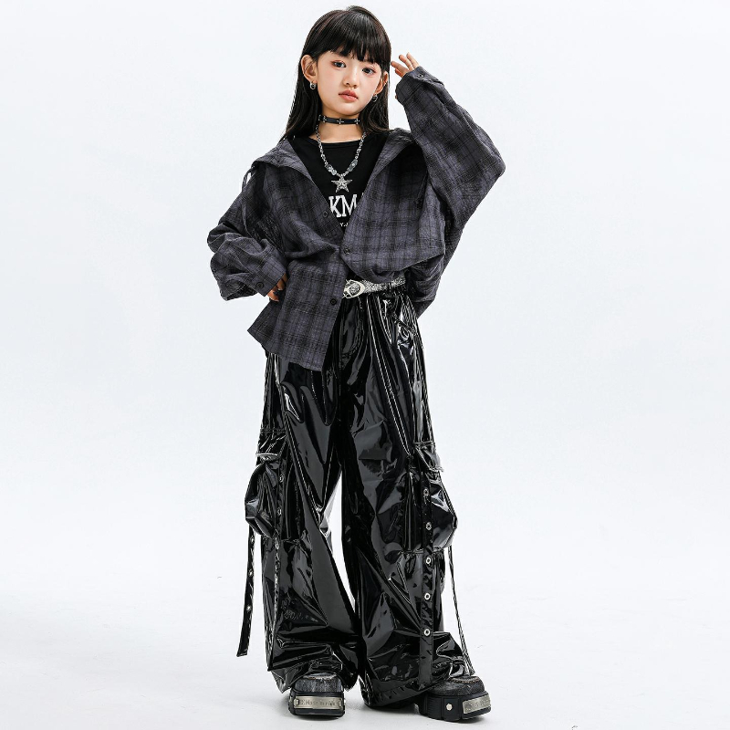 Street Fashion Outfit Girl - 女の子ジャズダンス衣装フード付きチェック柄シャツレザーパンツクールKpop衣装グループファッションヒップホップストリートダンスパフォーマンスウェア