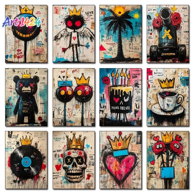 Street Fashion Poster - フレームなしのキャンバス絵画1枚。ファッション、王冠、風船、漫画風のアート作品。モダンな抽象的なストリートグラフィティアートのポスター。