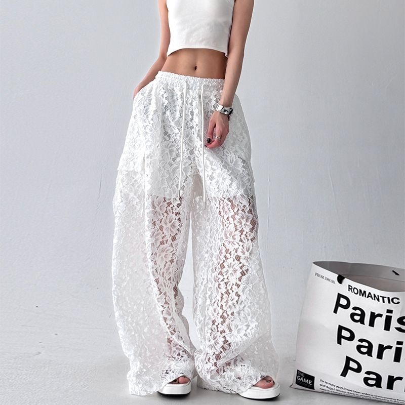 Street Fashion Goth - ハイストリートファッショントレンドレース中空ソリッドカラー女性パンツアメリカンゴス原宿カジュアルパンツ個性ルーズワイドレッグパンツ