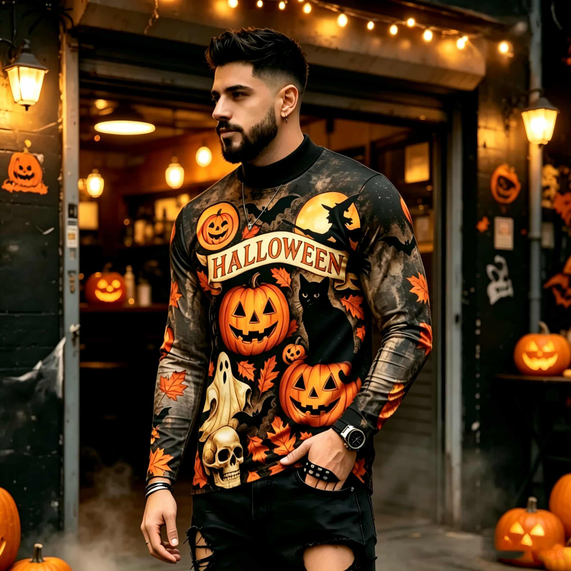 Street Fashion China - カジュアルファッションストリートスタイル ハロウィンプリント 長袖Tシャツ パンプキンゴースト黒猫柄 トレンディで多用途なメンズトップス
