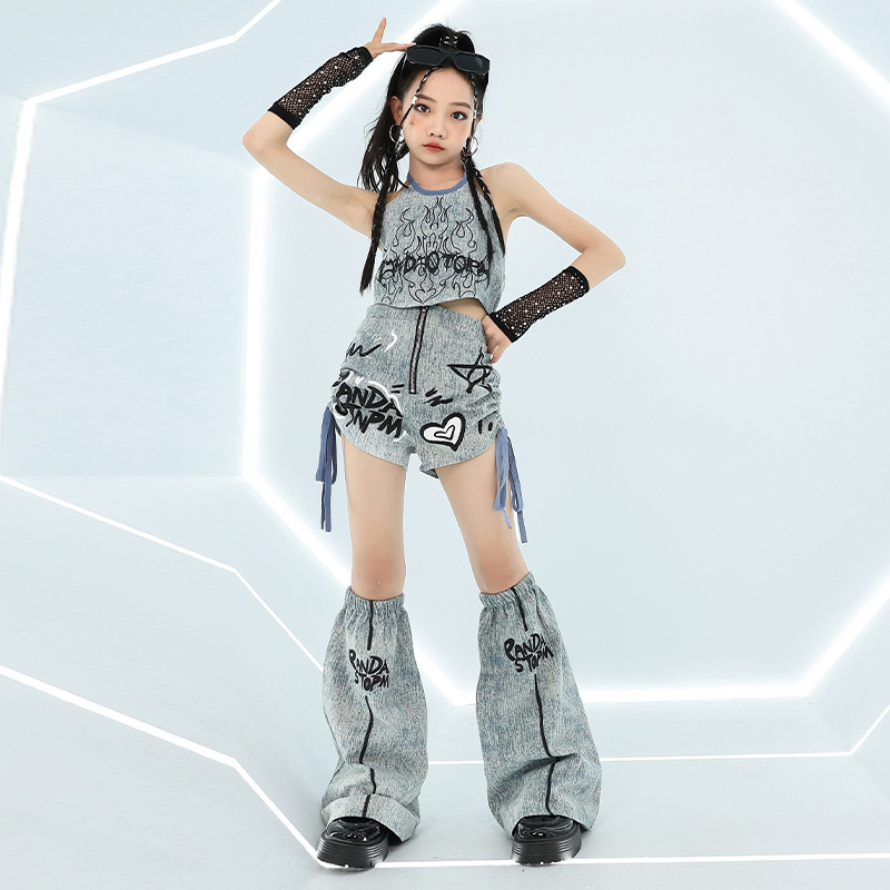 Street Fashion Outfit Girl - クールガールヒップホップジーンズトップスファッションストリートスタイル服子供ヒップホップ衣装デニムダンスパフォーマンス服