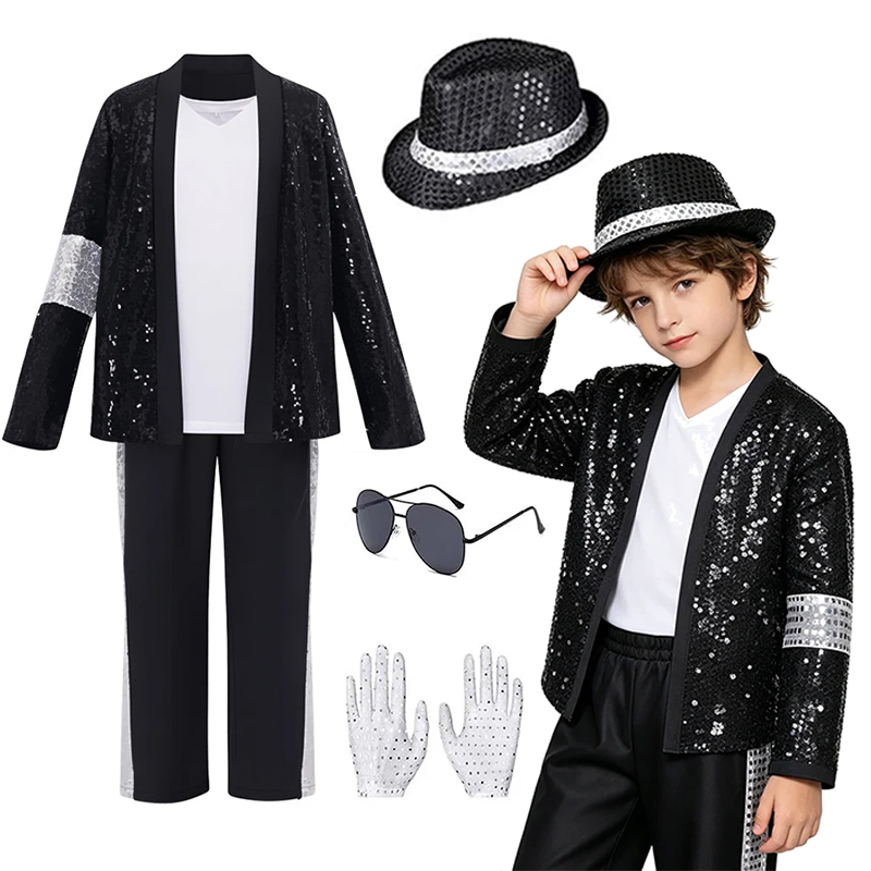 Street Fashion Hats - 子供用ヒップホップポップスター風コスチューム、スパンコールスーツ（帽子、手袋、サングラス付き）学校ショー、ハロウィン、ステージ、ロールプレイパーティー用