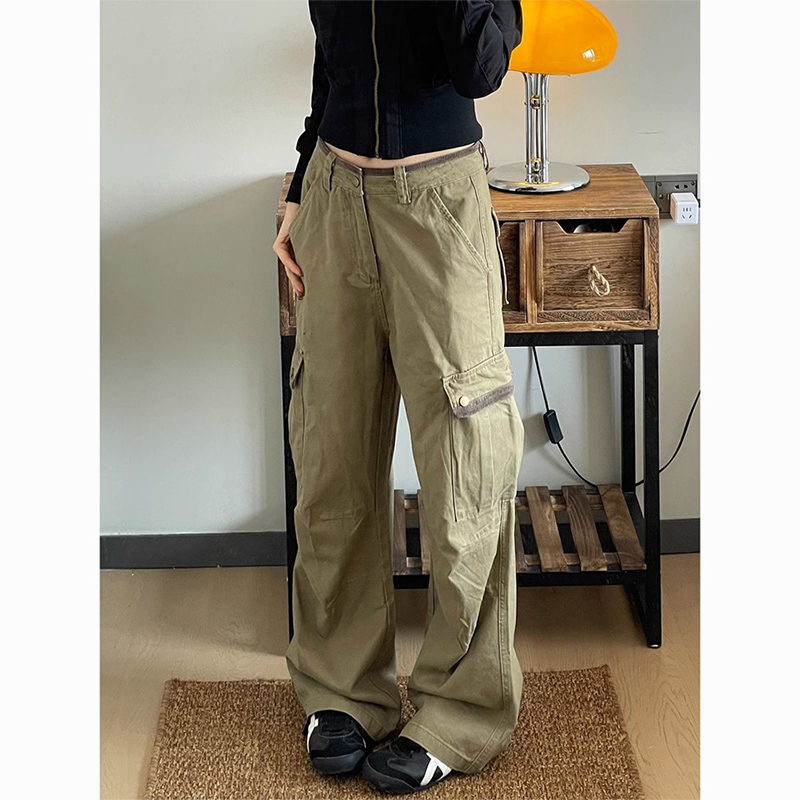 Japanese Street Fashion Female - 新作バギーカーキカーゴパンツ レディースファッション マルチポケット ドレープ ワイドレッグジーンズ 秋冬