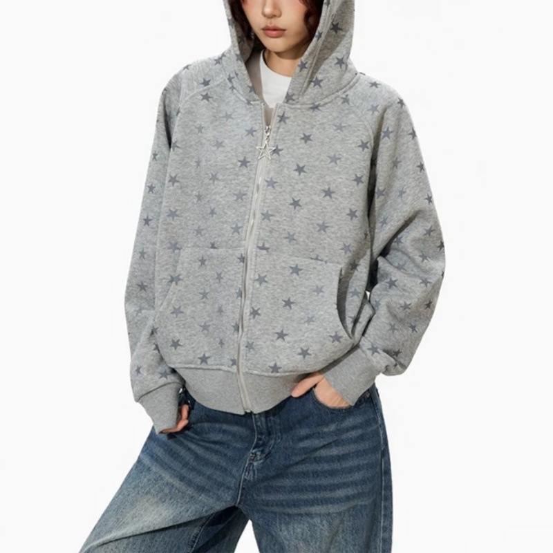 Street Fashion Zip Up Hoodie - アメリカンスタイルファッションスタープリントレディースパーカー 2026年秋 ルーズカジュアル 長袖 女性用 多用途ジッパースウェットシャツコート