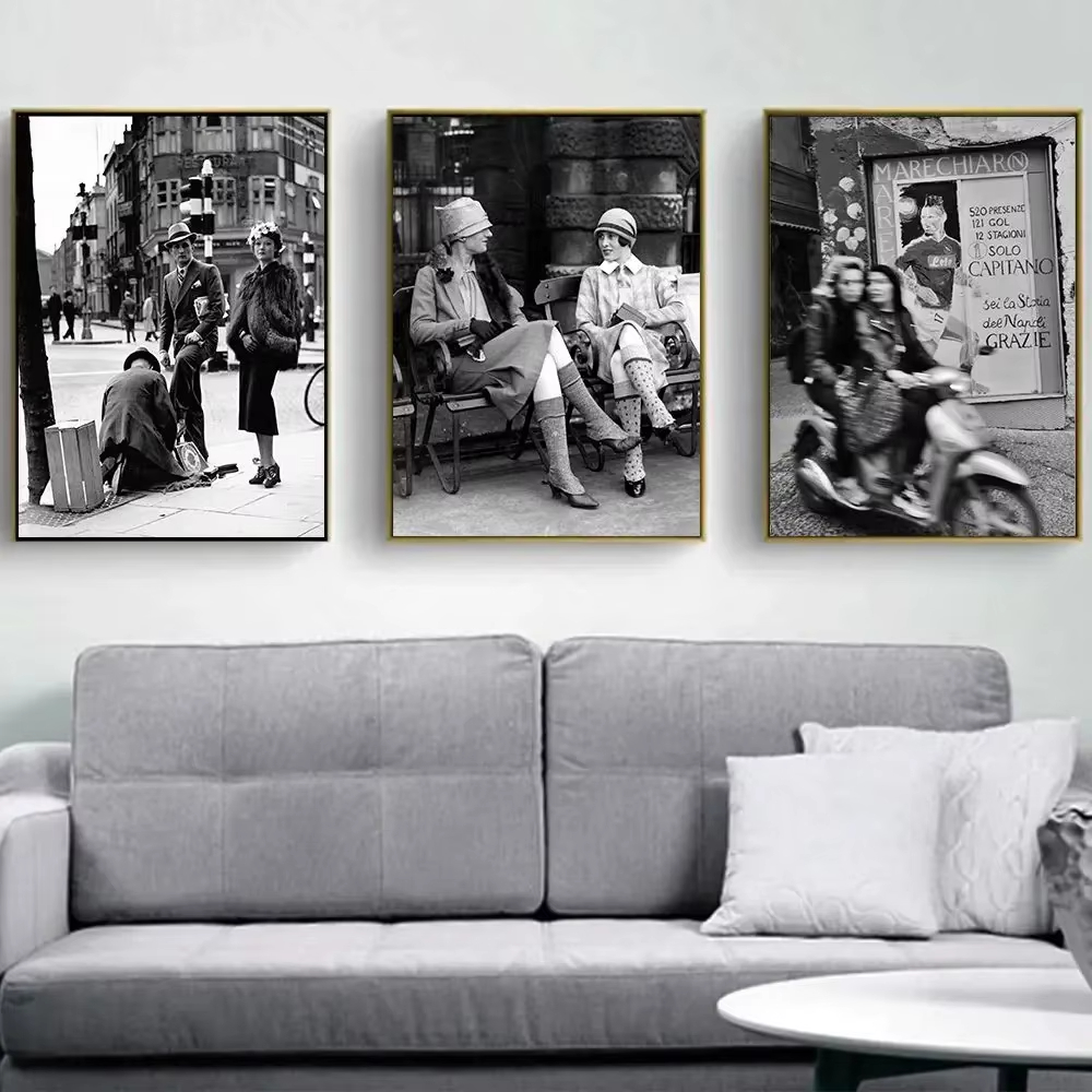 Street Fashion Poster - ファッション黒と白のヴィンテージ写真プリントイタリアパリストリートポスター壁アートキャンバス絵画写真リビングルームの装飾