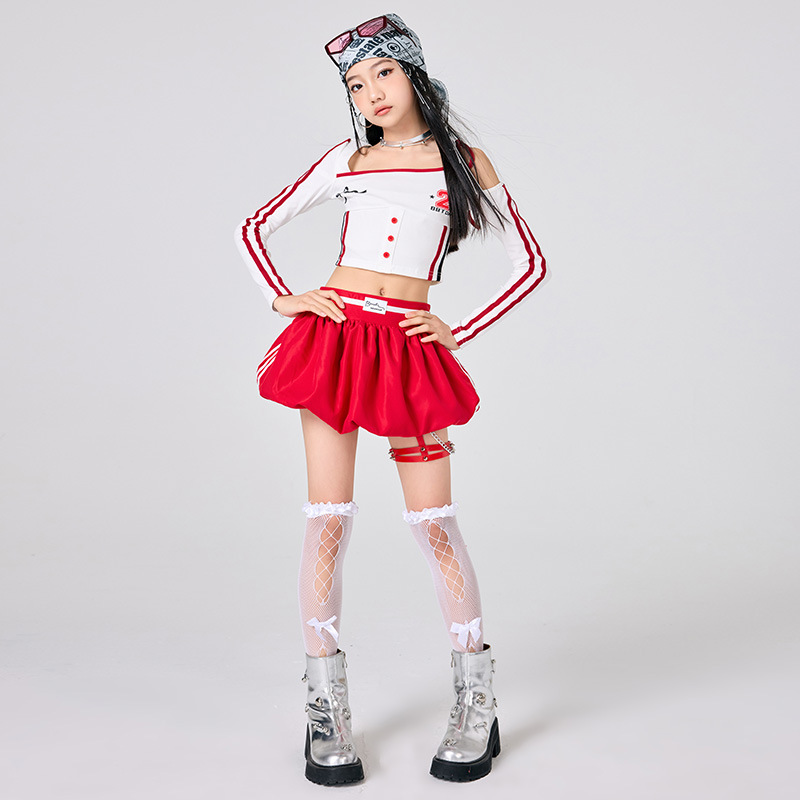 Street Fashion Outfit Girl - 女の子ヒップホップ服白トップ赤スカートジャズダンスパフォーマンス衣装ファッション Kpop 衣装ストリートウェアキャットウォークパフォーマンススーツ