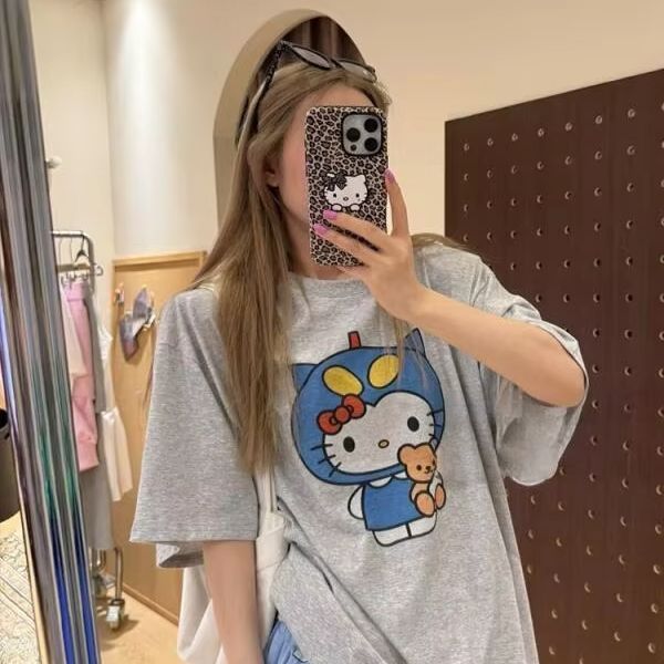 Street Fashion Casual - 半袖ハローキティプリント Tシャツサンリオレディース夏新作ルーズデザイン多用途純綿トップス楽しいストリートファッション
