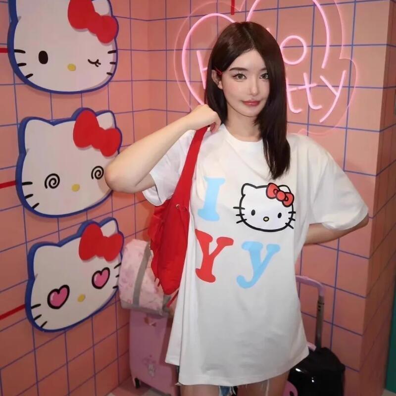 Street Fashion Casual - 半袖サンリオ夏用純綿ユニセックスTシャツハローキティトレンディな漫画プリントルーズカジュアル多用途ストリートファッション