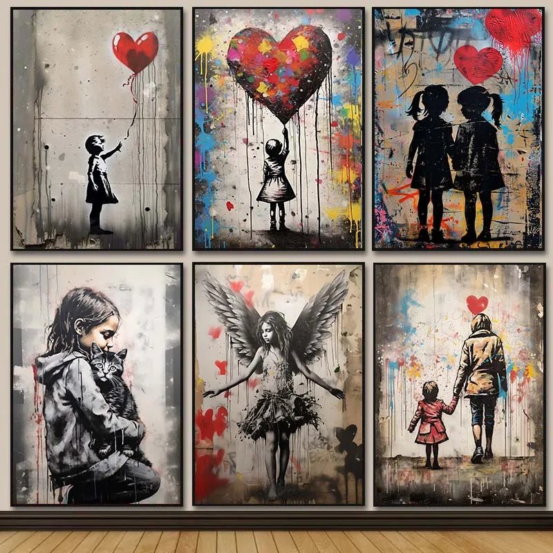 Street Fashion Poster - バンクシー落書き少年少女バルーン付きキャンバスポスタープリントポップストリート壁アート絵画リビングルームの家の装飾 Cuadros