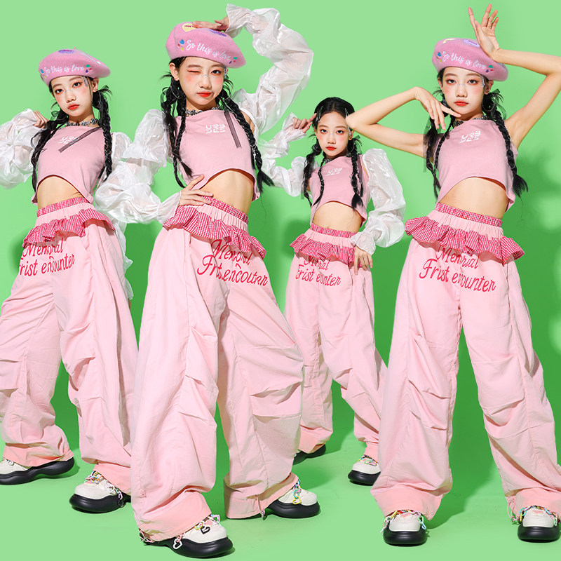 Street Fashion Outfit Girl - ジャズダンスの服女の子のための Kpop 衣装ヒップホップパフォーマンスウェアピンクシャッフルパンツストリートダンスショーファッションスーツ