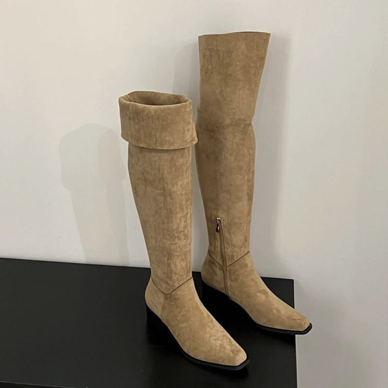 Street Fashion Female - 女性用伸縮性スリムスエードロングブーツ 秋冬ファッション スクエアトゥ ローヒール ニーハイブーツ レディースブーツ