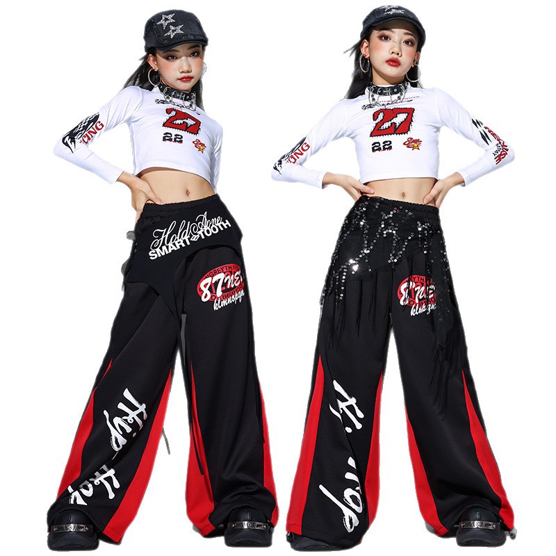 Street Fashion Outfit Girl - 2025 ジャズダンス服女の子 Kpop ステージショー衣装クロップトップ赤ヒップホップパンツ子供ファッションストリートダンス服
