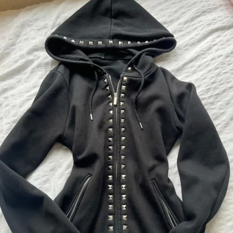 Y2Kニューファッション リベットジッパーフーディー レディ - Street Fashion Zip Up Hoodie のレビューと価格