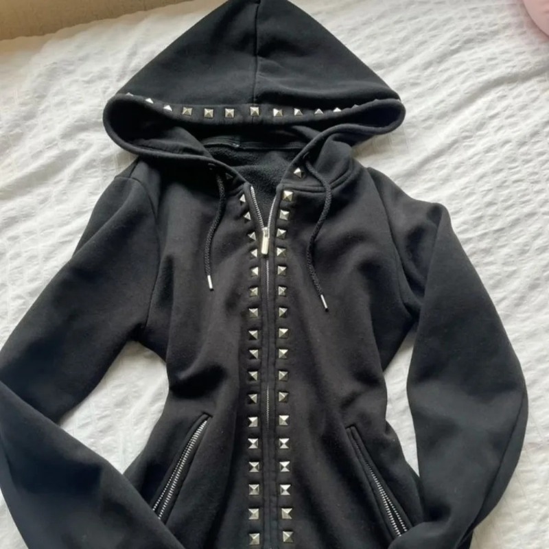 Y2Kニューファッション リベットジッパーフーディー レディ - Street Fashion Zip Up Hoodie のレビューと価格