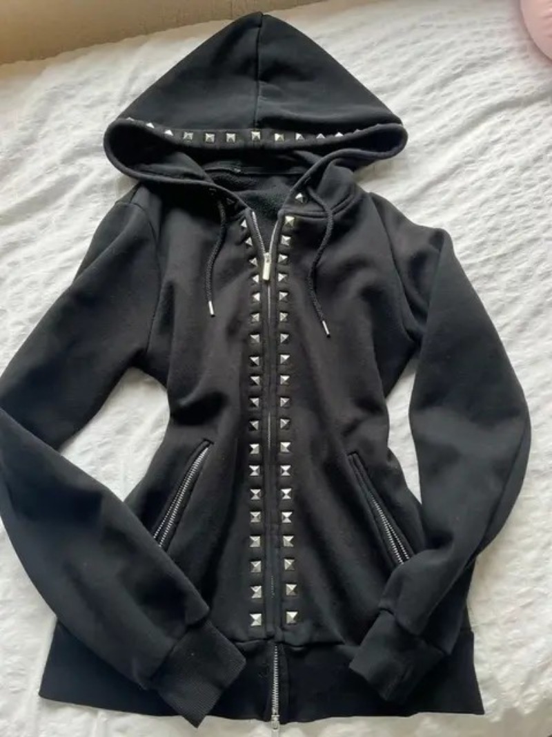Y2Kニューファッション リベットジッパーフーディー レディ - Street Fashion Zip Up Hoodie のレビューと価格