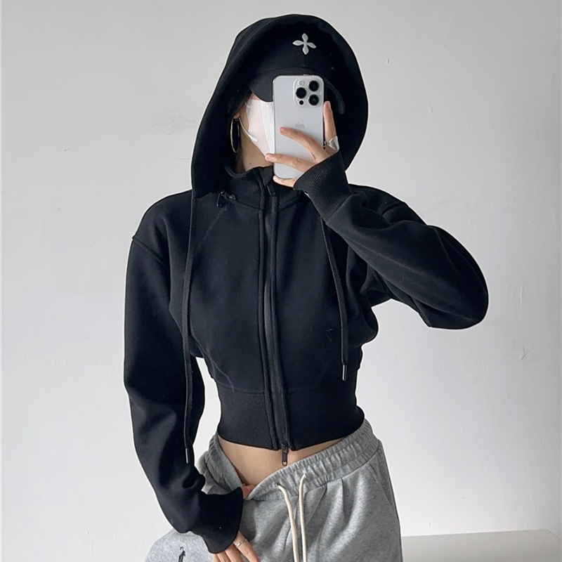 女性クロップパーカースウェットファッション無地取り外し可能な - Street Fashion Zip Up Hoodie のレビューと価格