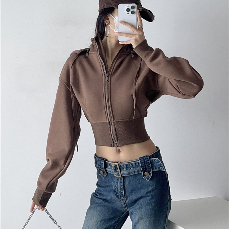 女性クロップパーカースウェットファッション無地取り外し可能な - Street Fashion Zip Up Hoodie のレビューと価格