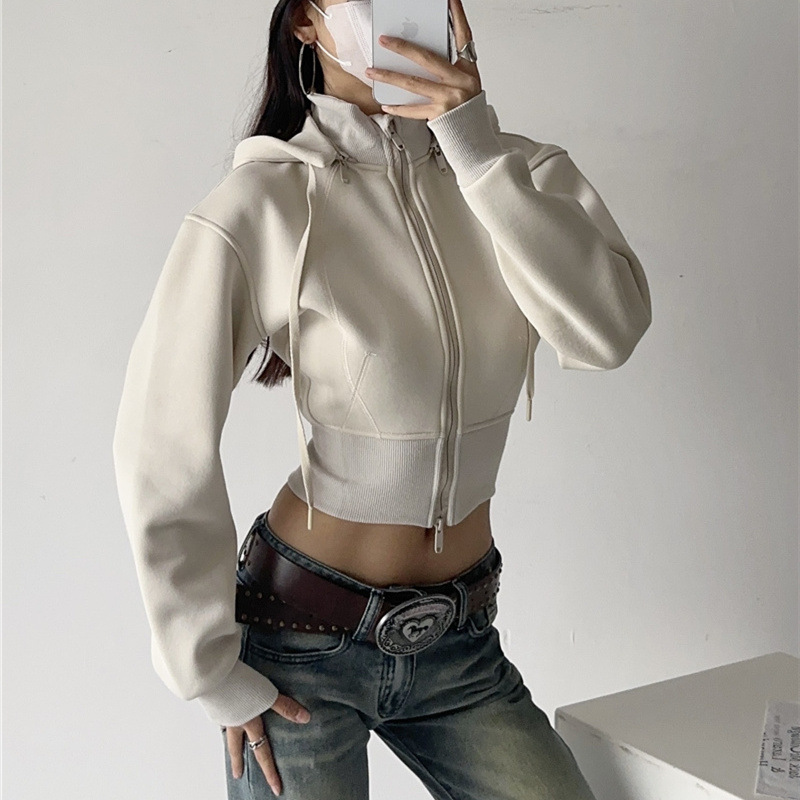 女性クロップパーカースウェットファッション無地取り外し可能な - Street Fashion Zip Up Hoodie のレビューと価格