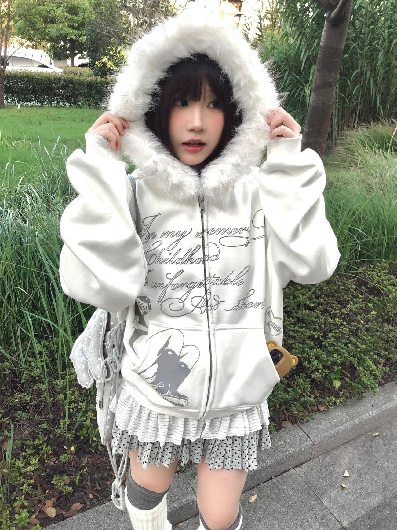 ホワイトY2Kコート レディース 冬服 かわいい レタープリ - Street Fashion Zip Up Hoodie のレビューと価格