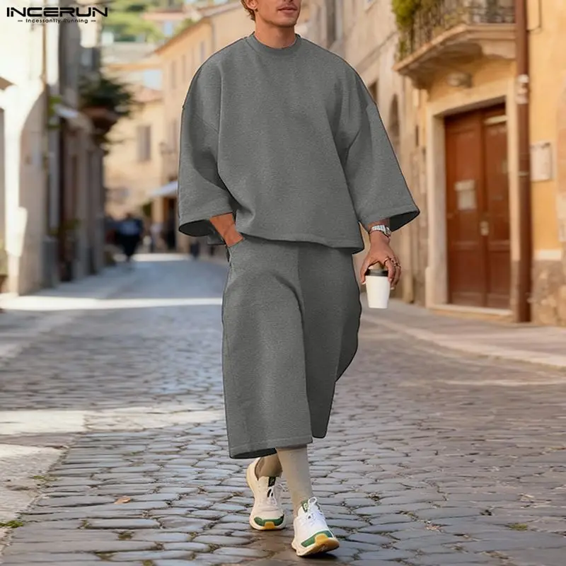 INCERUN メンズセット ソリッドカラー バギー 3/4 - Street Fashion Casual のレビューと価格