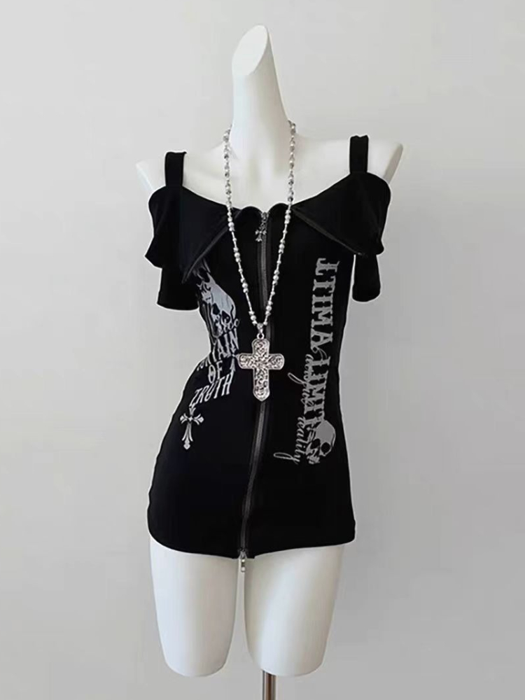 ゴシック黒 Y2K サブカルチャースカルプリントジップコート - Street Fashion Zip Up Hoodie のレビューと価格
