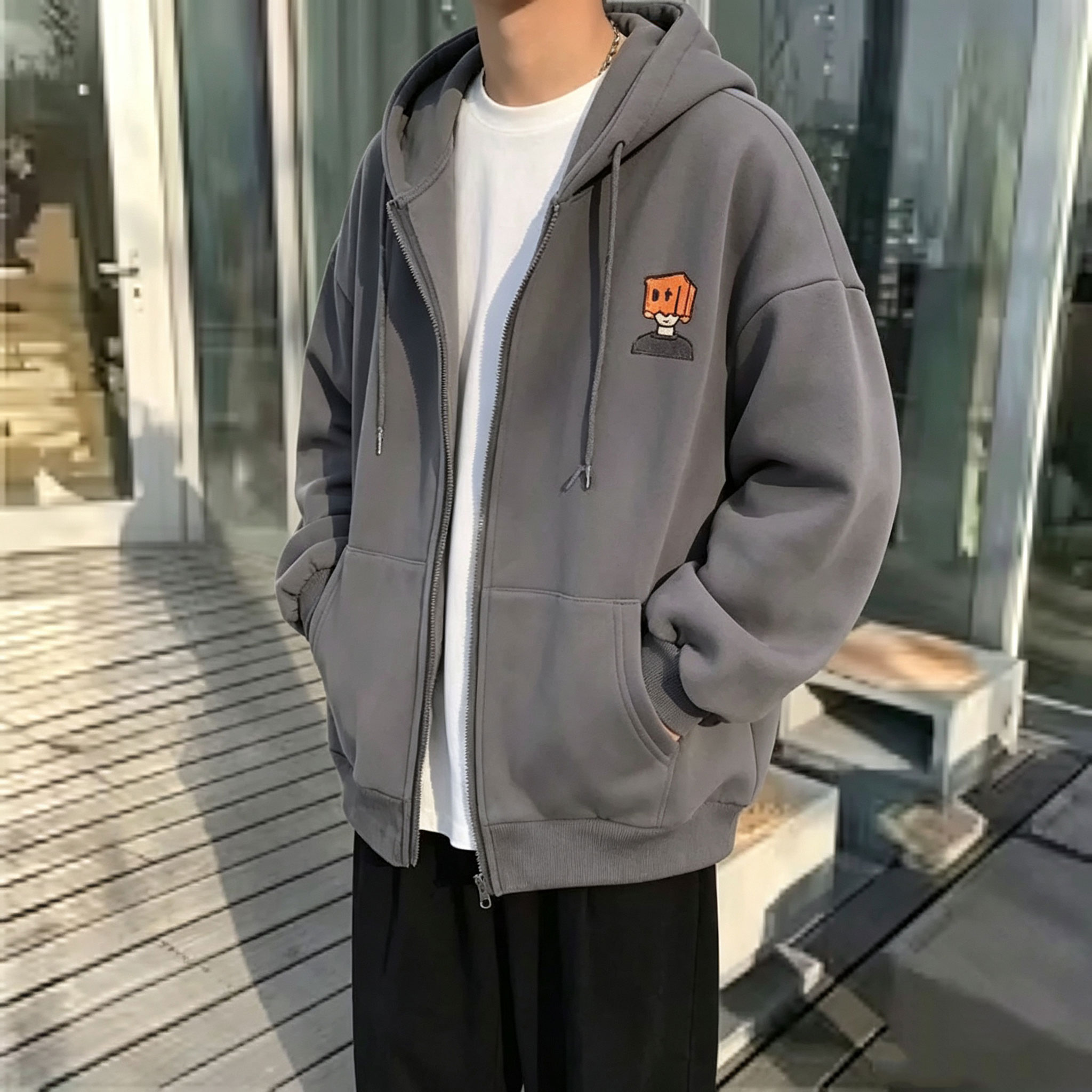 ハイストリートパーカー男性無地ジップアップ長袖ルーズジャケッ - Street Fashion Zip Up Hoodie のレビューと価格