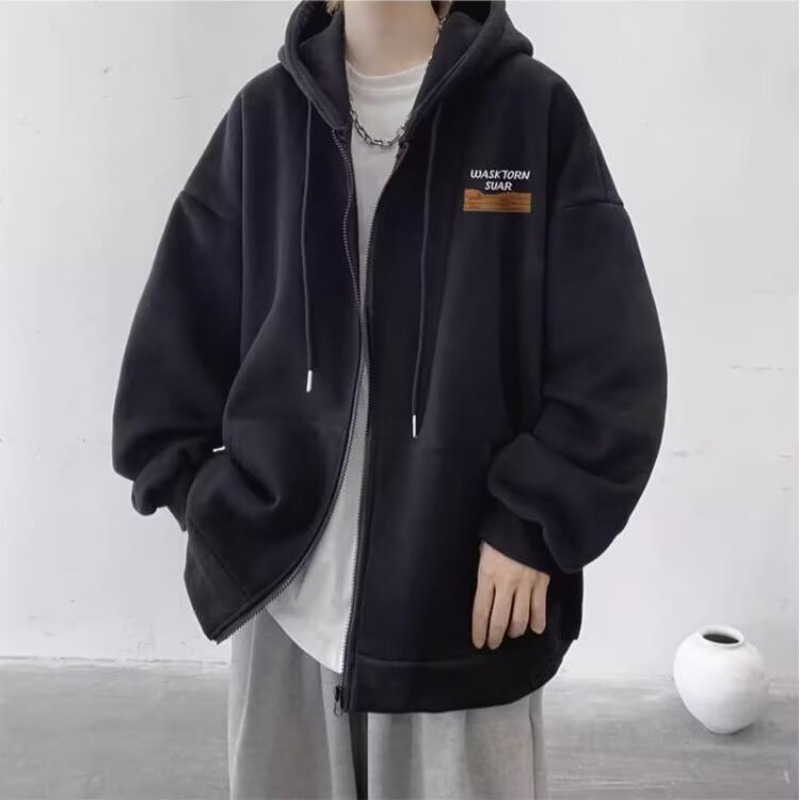ハイストリートパーカー男性無地ジップアップ長袖ルーズジャケッ - Street Fashion Zip Up Hoodie のレビューと価格
