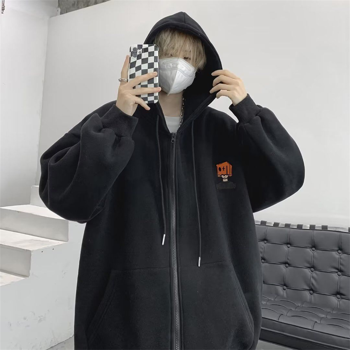 ハイストリートパーカー男性無地ジップアップ長袖ルーズジャケッ - Street Fashion Zip Up Hoodie のレビューと価格
