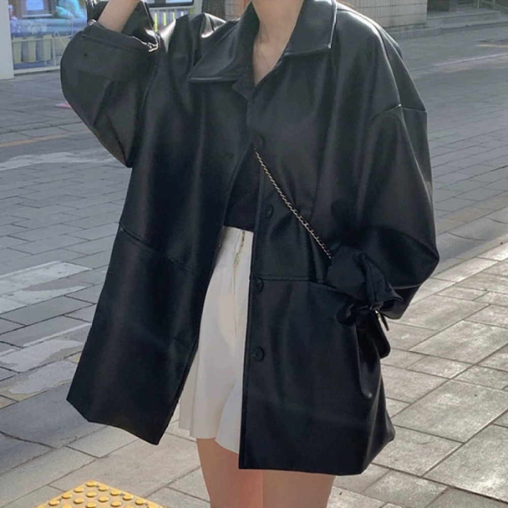 ファッション女性用フェイクレザージャケット、秋用ラペルシング - Korean Street Fashion Female のレビューと価格