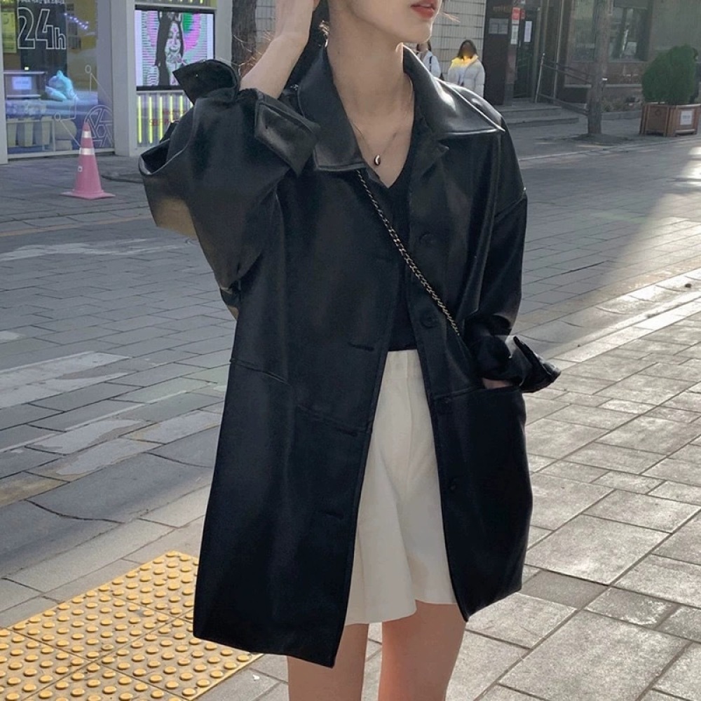 ファッション女性用フェイクレザージャケット、秋用ラペルシング - Korean Street Fashion Female のレビューと価格