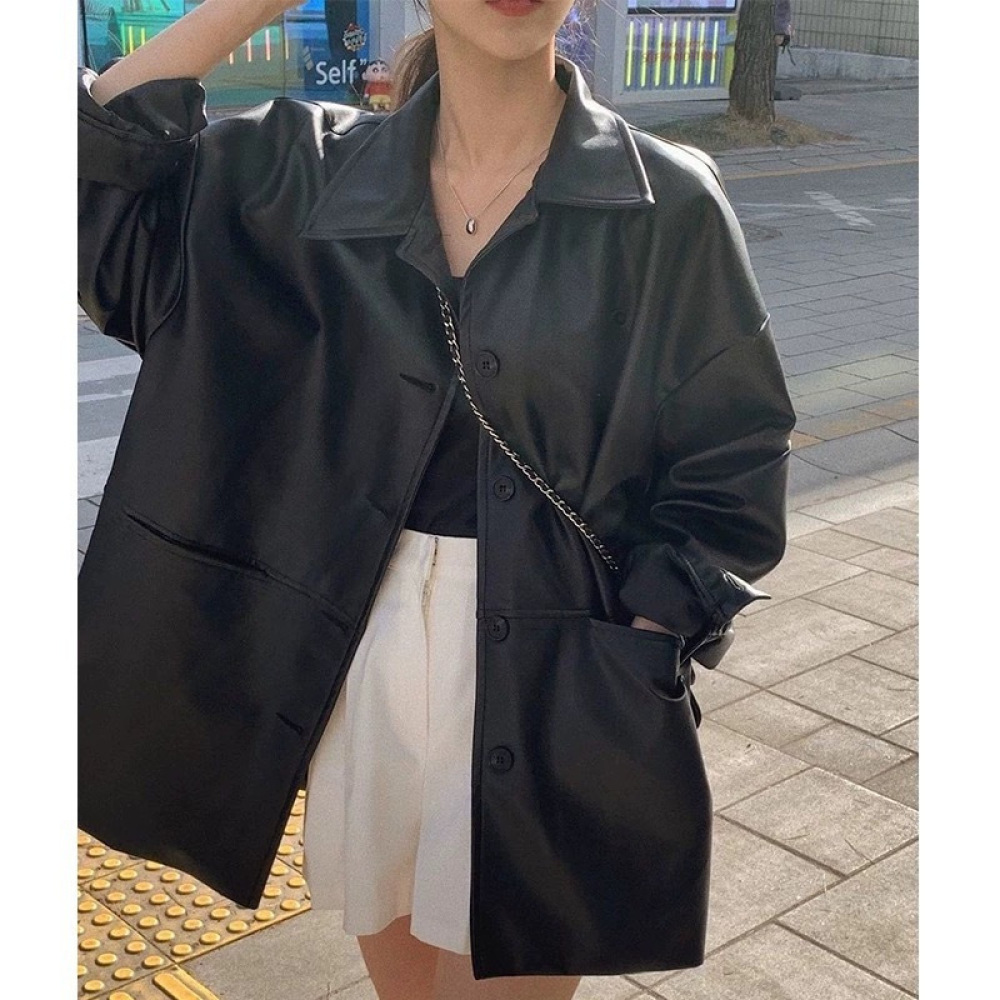 ファッション女性用フェイクレザージャケット、秋用ラペルシング - Korean Street Fashion Female のレビューと価格