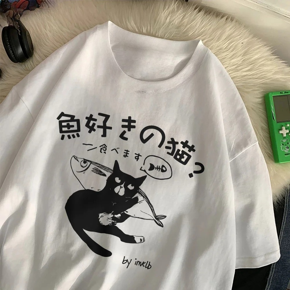 ファッション女性 Tシャツ和風猫が魚を食べるグラフィックプリ - Japanese Street Fashion Female のレビューと価格
