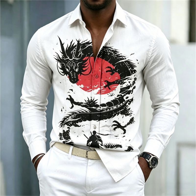 2026年新作 メンズシャツ 白黒赤のコントラスト ドラゴン - Street Fashion Men のレビューと価格