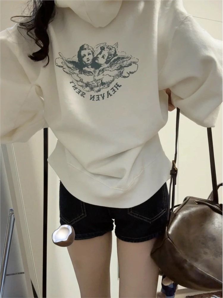 ホワイトヴィンテージジップアップパーカー女性秋長袖ポケットル - Street Fashion Zip Up Hoodie のレビューと価格