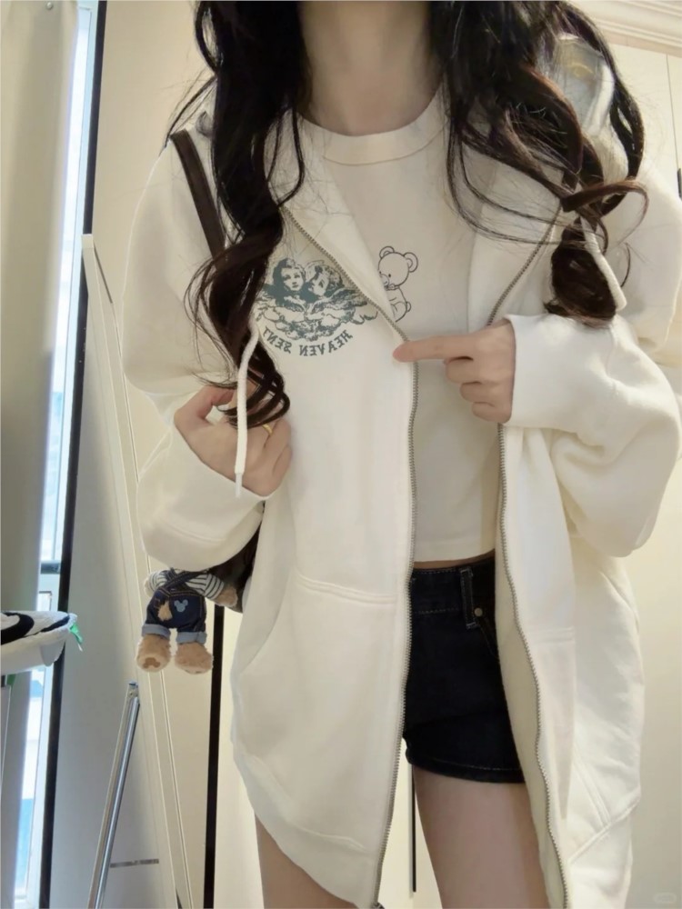 ホワイトヴィンテージジップアップパーカー女性秋長袖ポケットル - Street Fashion Zip Up Hoodie のレビューと価格